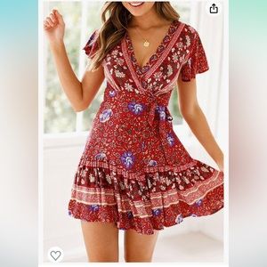 Summer Wrap V Neck Bohemian Floral Print Ruffle Swing A Line Beach Mini Dress